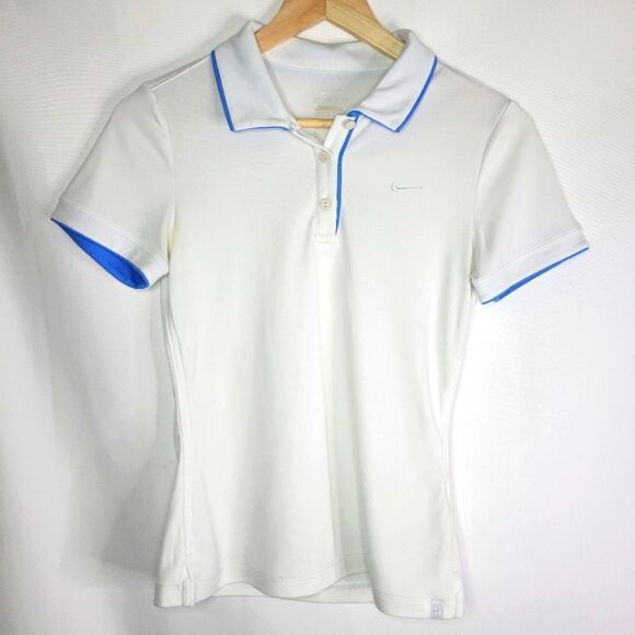 Nike Dri-Fit White Tennis Polo Shirt with Blue Accents - Picture 1 of 7